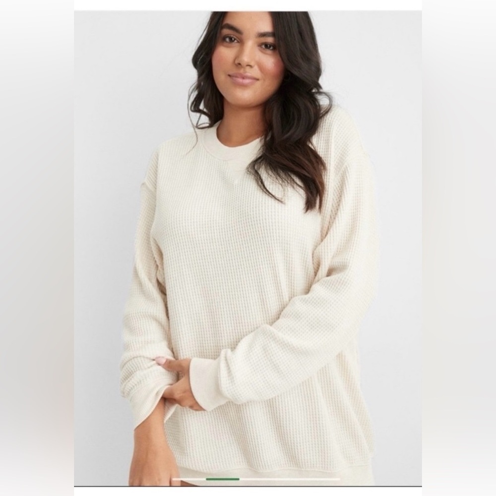 Aerie Waffle Knit Thermal Sweatshirt Oversized Beige Neutral Athleisure Sz M